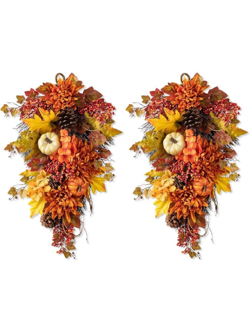 2 Pcs Autumn Teardrop Swags - 27'' Fall Wreath with Dahlia, Pumpkin & Berry